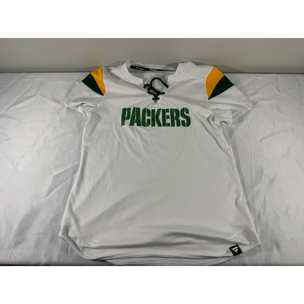Fanatics Green Bay Packers Womens Lace Up Mesh Jersey T-Shirt White Green Medium